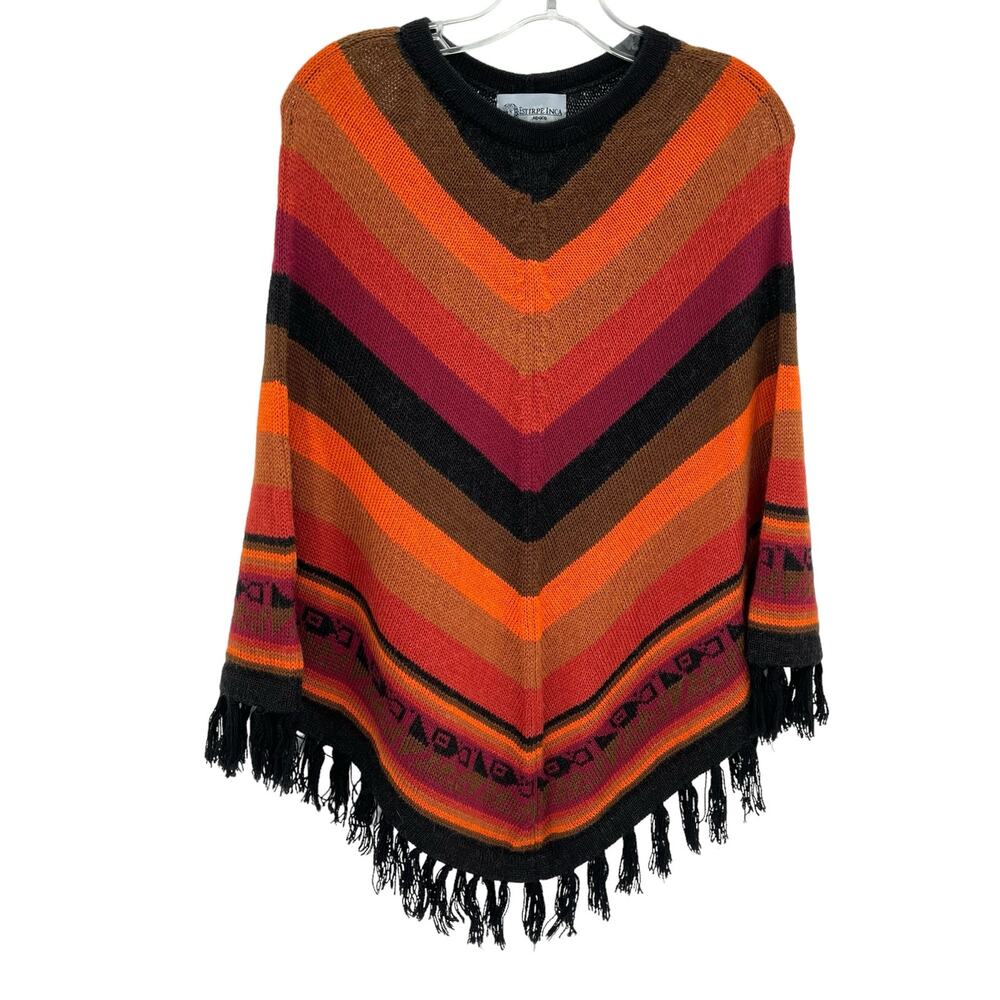 Estirpe Inca Alpaca color block rust maroon women’s poncho fringes